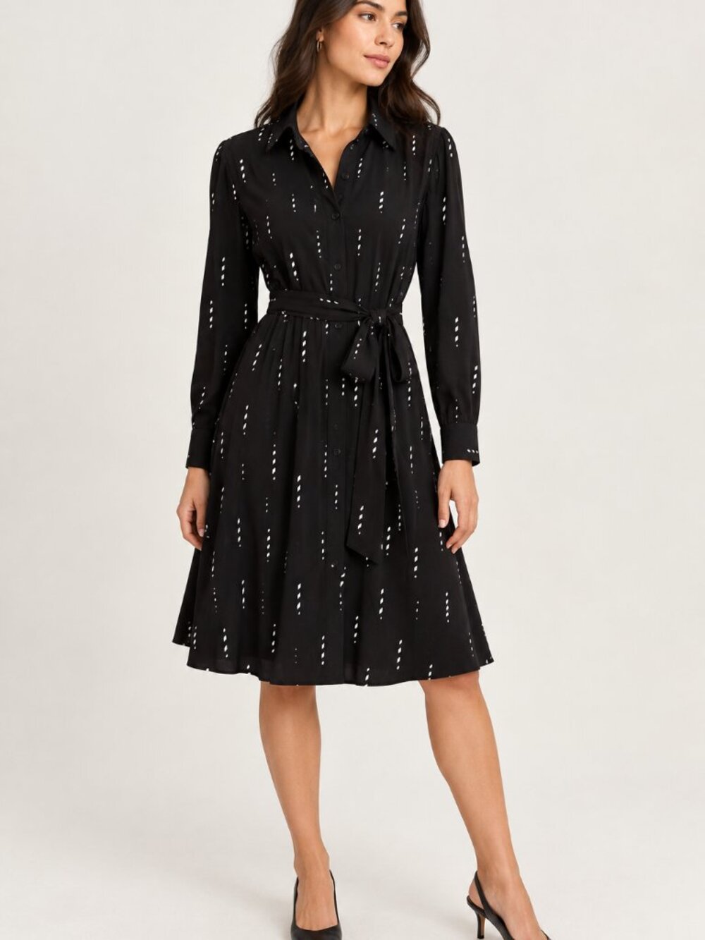 Ann Taylor Black White Abstract Print Belted Shirtdress Size L